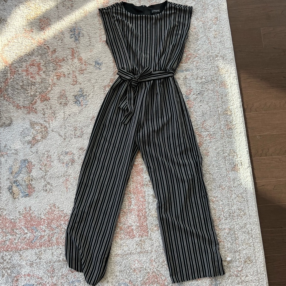 Business Casual Black and White Striped Jumpsuit with Bow